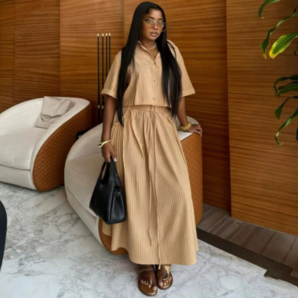 ZARA African Short Sleeve Lapel Shirt High Waist Tie Skirt 2 Piece Set